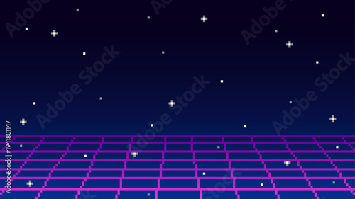 Retro futuristic space video game background, purple perspective grid, vector abstract galaxy in 90s techno style