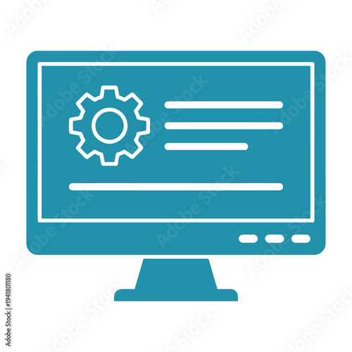 Computer monitor displaying settings menu with gear icon and text placeholders in teal and white