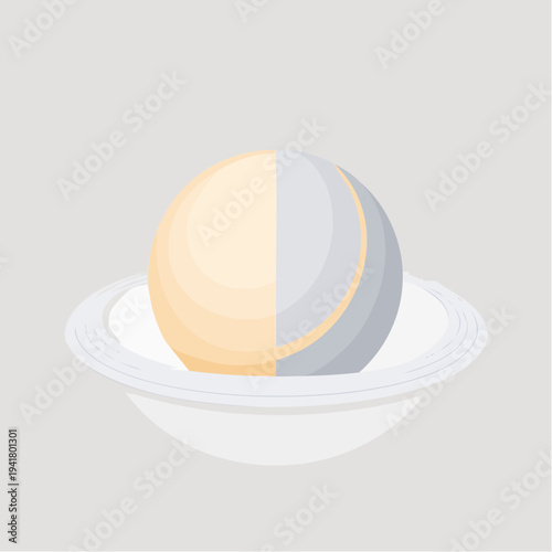 Stylized illustration of a two-tone spherical scoop, possibly ice cream or butter, in a white bowl