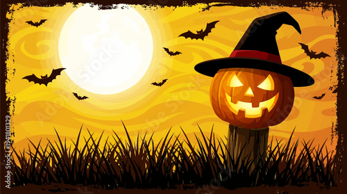 Spooky Halloween Night Background with Glowing Jack-o'-Lantern Pumpkin Wearing Witch Hat and Flying Bats under Full Moon