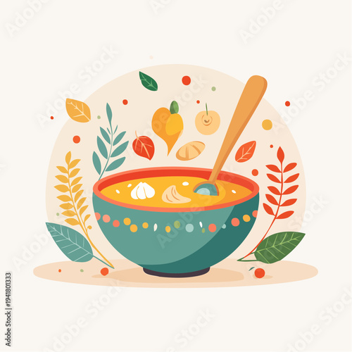 Warm Autumn Soup Bowl with Colorful Vegetables and Leaves illustration