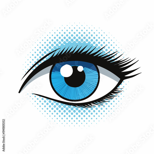 Close-up Stylized Graphic Illustration of a Striking Blue Human Eye with Retro Pop Art Halftone Dot Effect