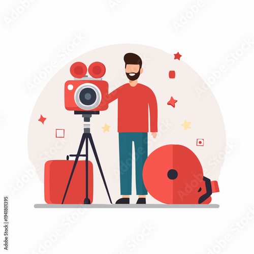 Dedicated male filmmaker standing by his vintage camera on a tripod, preparing for a professional shoot or a film festival event