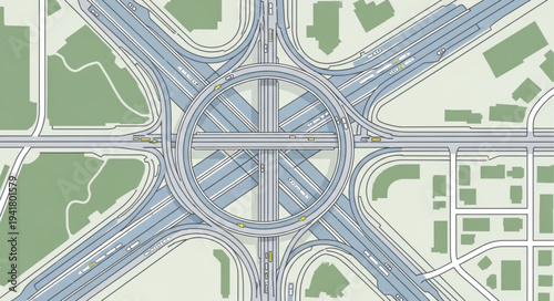 Aerial View of a Complex Highway Interchange with Circular Design.