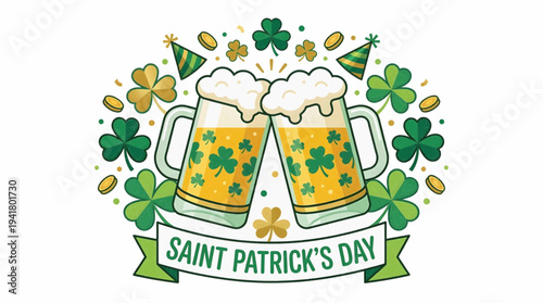 Celebrating Saint Patrick's Day with festive beer glasses and shamrocks in a joyful illustration