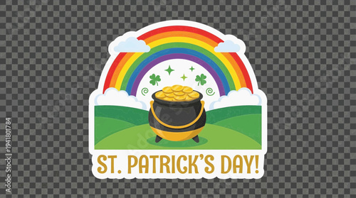 Vibrant St. Patrick's Day Celebration with Rainbow and Pot of Gold on Lush Green Field from a Bird's Eye View