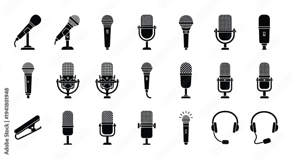 Εκτύπωση καμβά A collection of various microphone icons in black and white on a plain backgroun