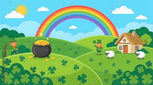 A vibrant rainbow arching over a lush green landscape with a pot of gold, sheep grazing, and a charming house in the distance