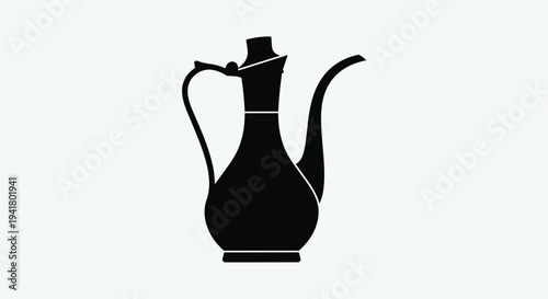 A black silhouette of a traditional arabic coffee pot on a light green background, Generative AI.