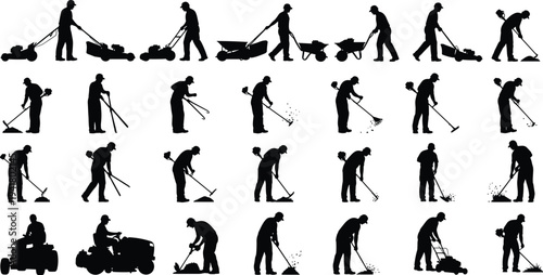 Gardener and lawn care worker silhouettes collection, mowing grass raking and yard maintenance figures isolated on white background illustration