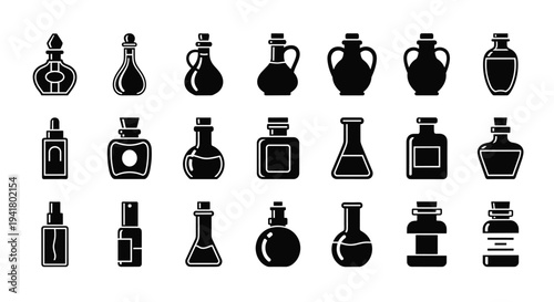 A collection of various perfume bottles and vials in black and white