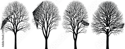 Set of four black tree silhouettes with abstract geometric shards and fragmented crystalline shapes on a white background for modern design