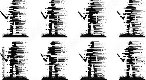 Glitch warrior silhouettes collection, sword fighter pixel distortion effect set, digital cyber shadow figures isolated modern illustration bundle