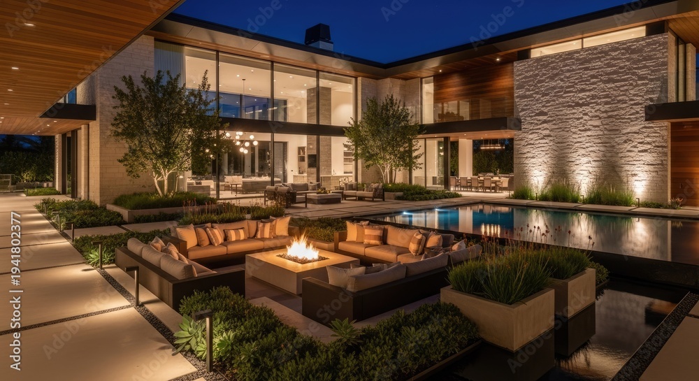 Fototapeta premium Modern luxury home exterior with night lighting and outdoor seating area