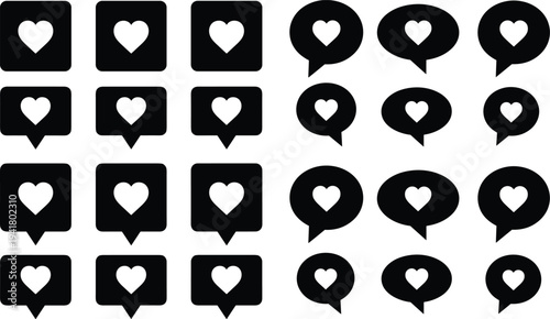 Heart like notification icons collection, social media love reaction symbols in speech bubbles isolated on white background