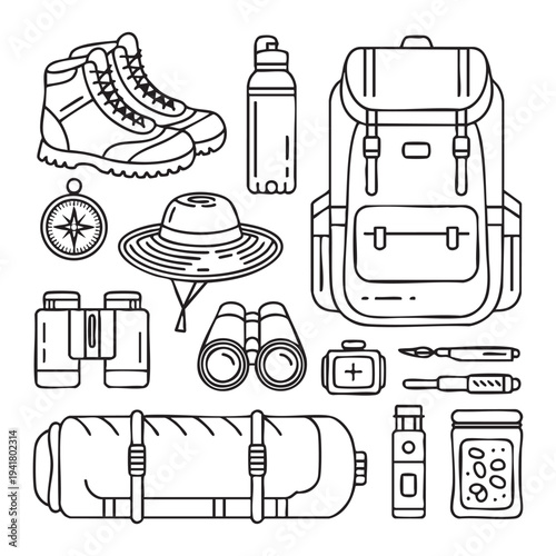 Black and white line of hiking gear including boots backpack binoculars and more line black and white