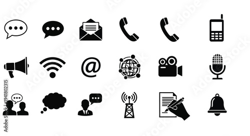 Collection of communication icons in black including a thought bubble silhouette