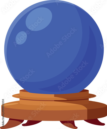 Blue magical glass crystal ball on a wooden stand, cartoon style.