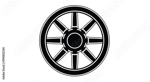 A black and white illustration of a wheel with eight spokes, Generative AI.