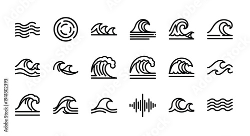 Collection of minimalist wave icons and symbols in black and white silhouette
