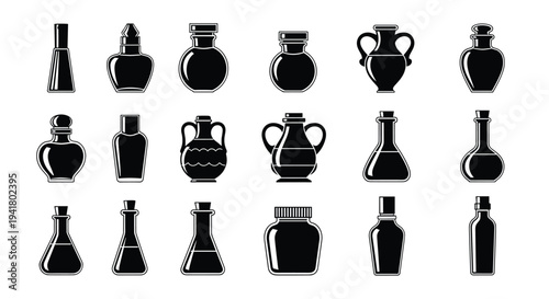 A collection of various black bottles and vases on a white background
