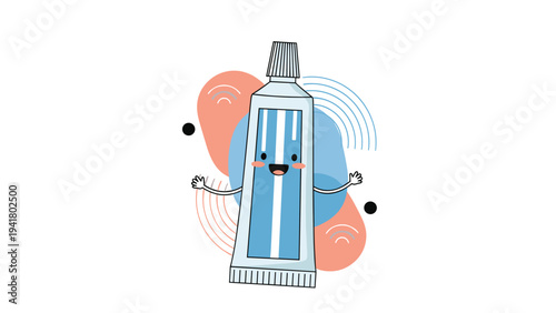 Happy toothpaste tube character with a smiling face and open arms on a colorful abstract background for dental hygiene.