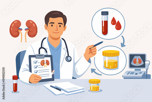 Male Doctor Urologist Explaining Kidney Health and Ordering Blood and Urine Tests for Disease Diagnosis with Ultrasound Machine and Medical Clipboard in a Clinic Flat Vector Illustration Art