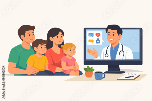 Happy Family with Two Children Consulting a Professional Male Doctor Online via Video Call on Computer Screen, Telemedicine and Remote Healthcare Concept Vector Illustration for Medical Services