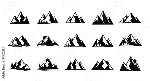 Collection of mountain range designs in a striking black silhouette