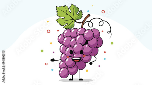 Cheerful purple grape cluster character with a smiling face and arms raised on a colorful dot and circle background.