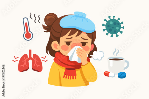 Sick Little Girl with Symptoms of Viral Infection, Flu, or Cold, Flat Vector Illustration Featuring Fever, Runny Nose, Cough, Lungs, Virus, Medicine, and Hot Drink Icons for Healthcare Design