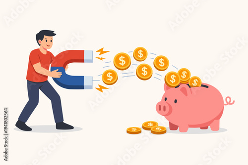 Man Holding Large Horseshoe Magnet Stealing Gold Dollar Coins from Pink Piggy Bank, Concept of Financial Fraud, Debt Collection, Money Laundering, or Attracting Wealth and Savings Flat Vector