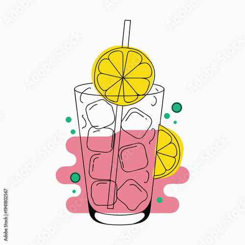 Glass of pink lemonade with ice cubes and lemon slices yellow lemon