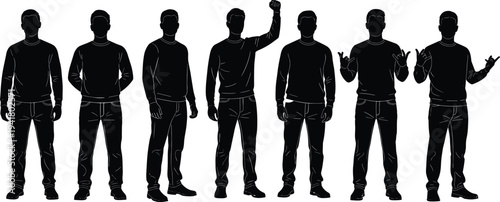 Man silhouette set with different gestures, standing male poses collection, casual person figures isolated on white background illustration