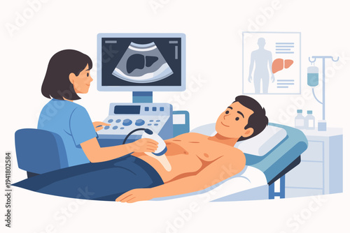 Flat Vector Illustration of a Female Doctor Performing an Ultrasound Scan on a Male Patient's Liver in a Clinic. Medical Professional Using Ultrasonography Machine for Abdominal Diagnosis and Checkup.