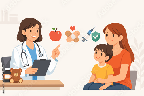 Female pediatrician doctor giving health recommendations and medical advice to a mother and her young son in a clinic office. Flat vector illustration of child healthcare, vaccination, and wellness.