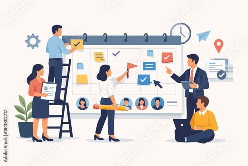 Business Team Working Together on Large Calendar for Project Management, Scheduling Tasks, Employee Assignments, and Agenda Planning in Modern Office Environment Flat Vector Illustration