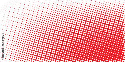 Red color halftone gradient texture. Vanishing cartoon polka dot background. Repeating dotted gradation pattern. Fading comic pop art overlay backdrop. Raster halftone effect wallpaper. Vector