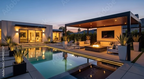 Modern luxury outdoor living space with pool at dusk architectural design