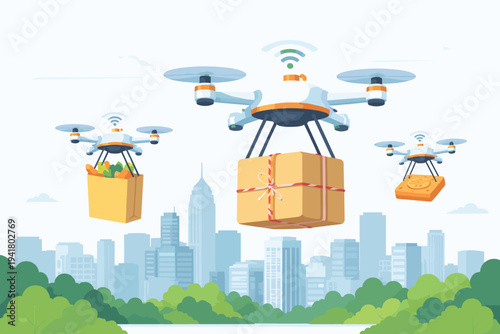 Modern Vector Illustration of Autonomous Drones Delivering Packages, Groceries, and Food over a Cityscape. Future Logistics, Smart City Technology, and E-commerce Delivery Service Concept.