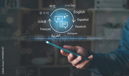 Artificial intelligence voice recognition, speech processing and multilingual communication. AI language translation concept, smartphone interface converting multiple global languages in real time.