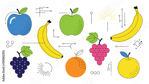 Diverse collection of colorful fruit illustrations including apples bananas grapes and oranges with geometric accents.