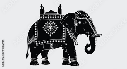 Decorative black elephant silhouette with ornate jewels and headdress for design and cultural symbol use, Generative AI.