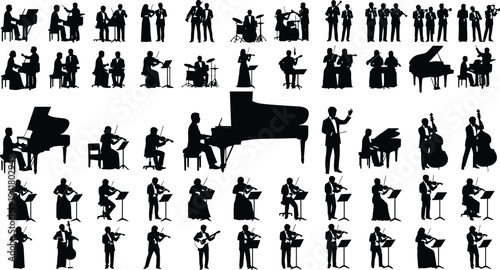Orchestra musicians silhouettes collection, violinists pianists conductor and classical band performers, music instrument players isolated, symphony orchestra people set