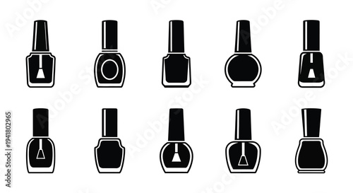 Collection of nail polish bottles depicted in a stark black silhouette