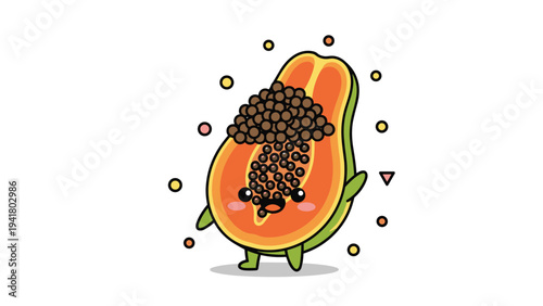 Happy papaya fruit character with a smiling face and open arms surrounded by small colorful circles and triangles.