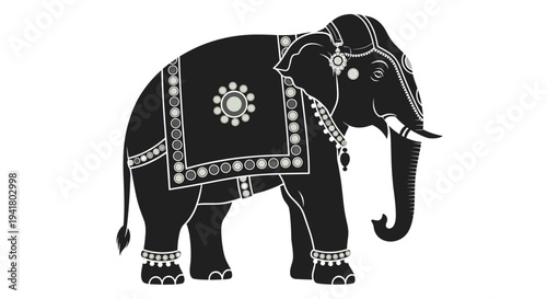 Decorative black elephant silhouette with intricate patterns and designs on a pure, Generative AI.
