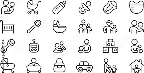 Black and white of baby care and activities stroller bottle pacifier crib