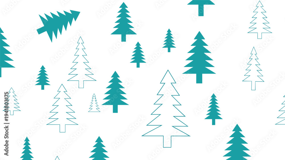 Fototapeta premium Minimalist pattern of various sized teal pine tree silhouettes scattered over a plain white background for design.