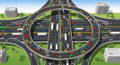 Aerial View of a Busy Highway Interchange with Circular Overpass.
